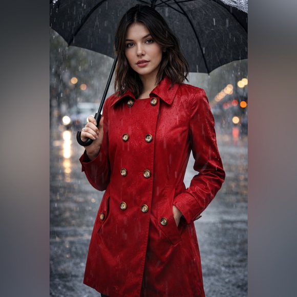 London Fog Red Double Breasted Trench Rain Coat Jacket Size M Classic Chic Bold - Picture 2 of 13